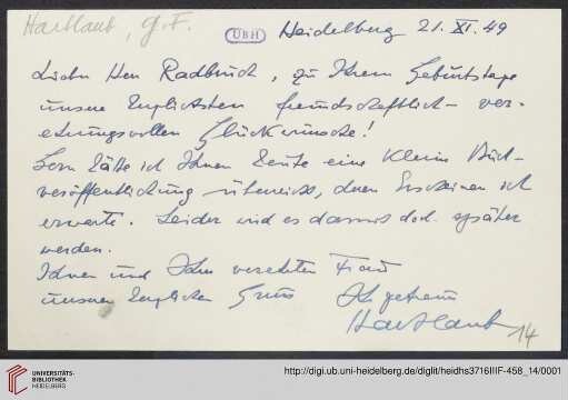 Heid. Hs. 3716 III F - 458,14: Karte von Gustav Friedrich Hartlaub an Gustav Radbruch