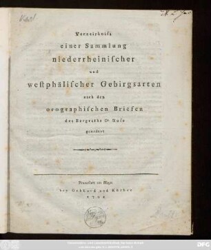 Verzeichniss einer Sammlung niederrheinischer und westphälischer Gebirgsarten