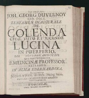 Tentamen Inaugurale De Colenda Cita, Tuto Et Jucunde Lucina In Puerperio : Die Novembr. MDCCXVI Quo Renunciaretur P. Medicinæ Professor Extraord
