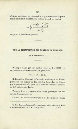 Sur la décomposition des nombres en cicarrés.
