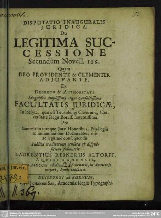 Disputatio Inauguralis Iuridica, De Legitima Successione Secundum Novell. 118