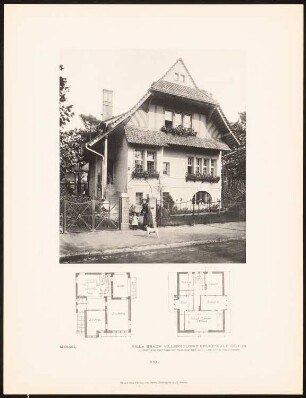 Landhaus Dr. Heinrich Braun, Berlin-Grunewald: Vorderansicht und Grundrisse (aus: Alfred Messel, 1912)