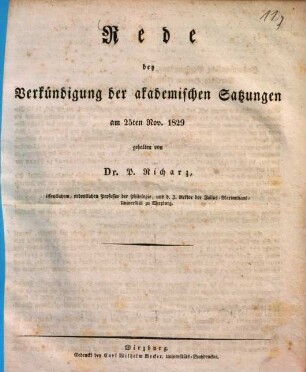 Rede bey Verkündigung der akademischen Satzungen : am 25ten Nov. 1829