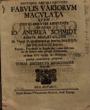 Historia Saecvli Secvndi Fabvlis Variorvm Macvlata