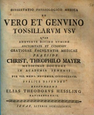 Dissertatio Physiologico Medica De Vero Et Genvino Tonsillarvm Vsv