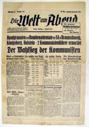 Kommunistische Berliner Abendzeitung "Die Welt am Abend" zu den Ergebnissen der Reichstagswahl am 31. Juli