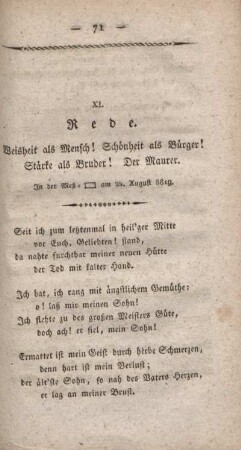 XI. Rede. Weisheit als Mensch! Schönheit als Bürger! Stärke als Bruder! Der Maurer.