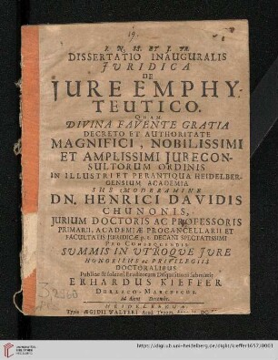Dissertatio Inauguralis Jvridica De Jure Emphyteutico