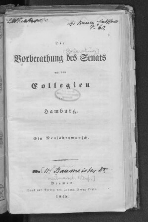 Die Vorberathung des Senats mit den Collegien in Hamburg : Ein Neujahrswunsch