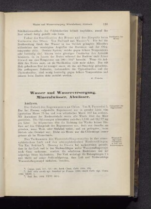 Wasser und Wasserversorgung, Mineralwässer, Abwässer.