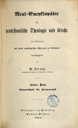 Real-Encyklopädie für protestantische Theologie und Kirche, 5. Gemeinschaft bis Hermeneutik