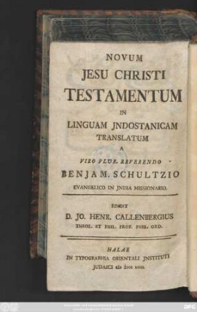 Novum Jesu Christi Testamentum In Linguam Jndostanicam Translatum