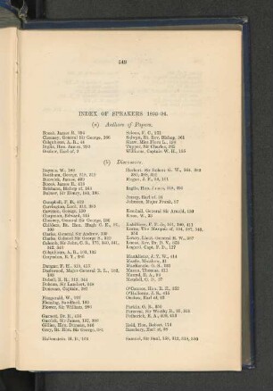 7. Index of Speakers during Session 1893-94.