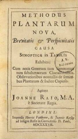 Methodus Plantarum Nova : Brevitatis & Perspicuitatis Causa Synoptice in Tabulis Exhibita ; Cum notis Generum tum summorum tum subalternorum Characteristicis ...