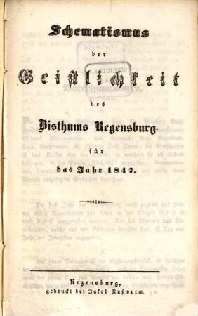 Schematismus des Bistums Regensburg. 1847, 1847