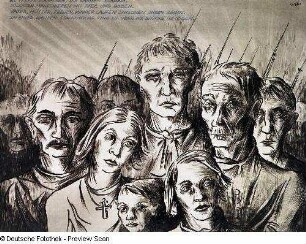 Familie vor marschierenden Soldaten