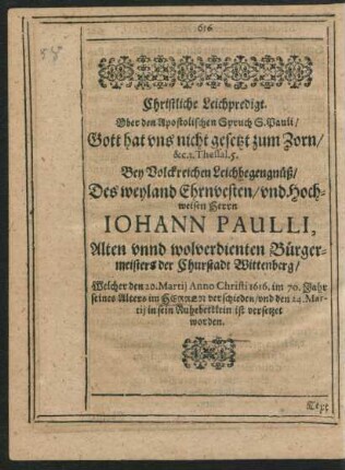 Christliche Leichpredigt ... Herrn Johann Pauli ..