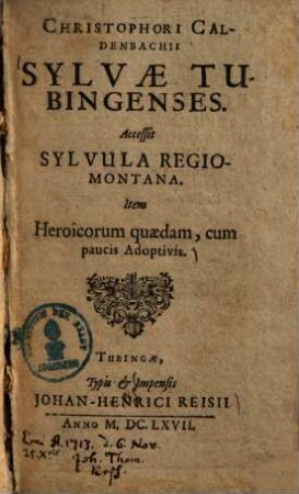 Christophori Caldenbachii Sylvae Tubingenses