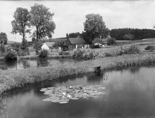 Unbekannter Ort. Landschaft mit Gehöft mit Teich