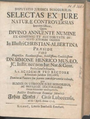 Disputatio Juridica Inauguralis, Selectas Ex Jure Naturæ Controversias breviter sistens