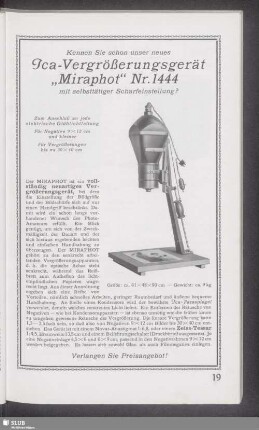 Kennen Sie schon unser neues Ica-Vergrößerungsgerät "Miraphot" Nr. 1444 mit selbsttätiger Scharfeinstellung?