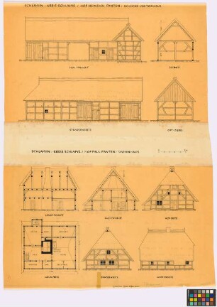 Schlawin (Kreis Schlawe): Hof Heinrich Panten und Hof Paul Panten. - Heinrich Panten, Scheune (Hof-Seiten-Ansicht, Querschnitt, Straßen-Seiten-Ansicht, Ost-Giebel-Ansicht). - Heinrich Panten, Torhaus (Hof-Giebel-Ansicht). - Paul Panten, Wohnhaus (Längsschnitt, Querschnitt, Hof-Giebel-Ansicht, Straßen-Giebel-Ansicht, Garten-Seiten-Ansicht, Grundriss)