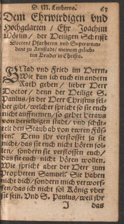 Dem ehrwirdigen und Hochgelarten/ Ehr Joachim Mörlin ...