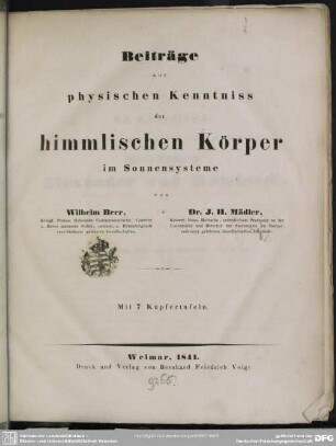 Beiträge zur physischen Kenntniß der himmlischen Körper im Sonnensysteme