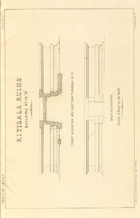 Plate F. Ritigala ruins. Building No. 16 "B" . Front elevation and section through (E. F.). Back elevation.