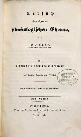 Versuch einer allgemeinen physiologischen Chemie, 1