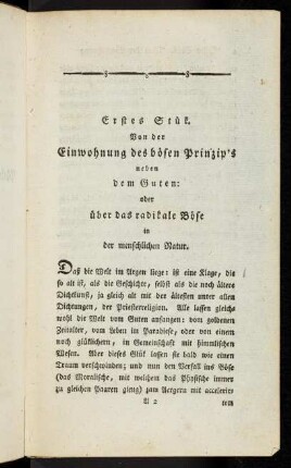 Erstes Stück. Von der Einwohnung des bösen Prinzip's ...