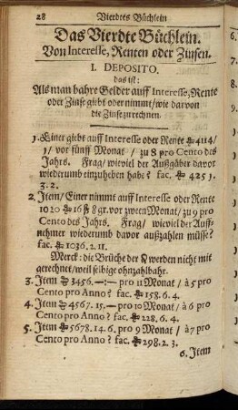 Das Vierdte Büchlein. Von Interesse, Renten oder Zinsen.