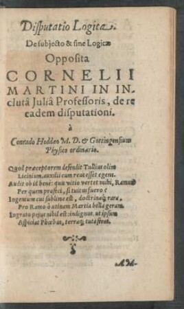 Disputatio Logica. De subiecto & et fine Logicae