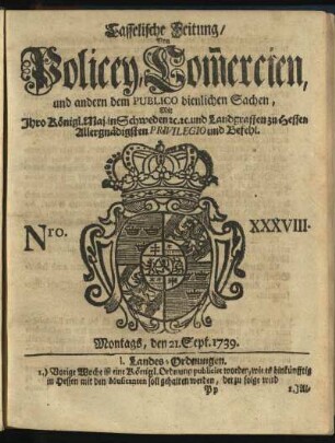 Nro. XXXVIII, Montags, den 21. Sept. 1739