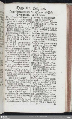 Das III. Register. Zum Gebrauche bey den Sonn- und Fest-Evangelien, und Episteln