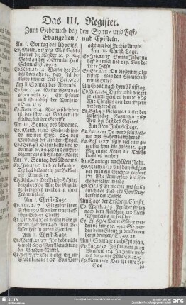 Das III. Register. Zum Gebrauche bey den Sonn- und Fest-Evangelien, und Episteln