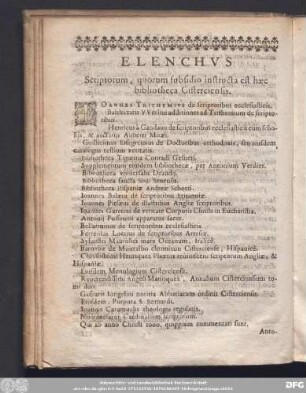 Elenchus Scriptorum, quorum subsidio instructa est haec bibliotheca Cisterciensis.