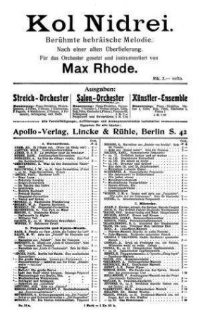Kol nidrei : berühmte hebräische Melodie ; nach einer alten Überlieferung / für das Orchester gesetzt und instrumentiert von Max Rhode