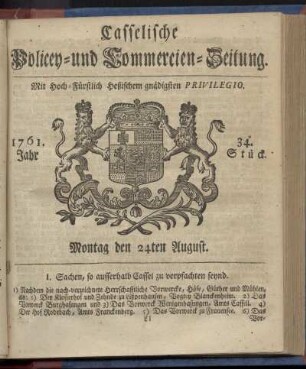 34. Stueck, Montag den 24ten August 1761