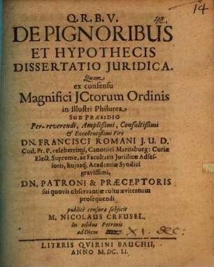 De pignoribus et hypothecis dissertatio iuridica