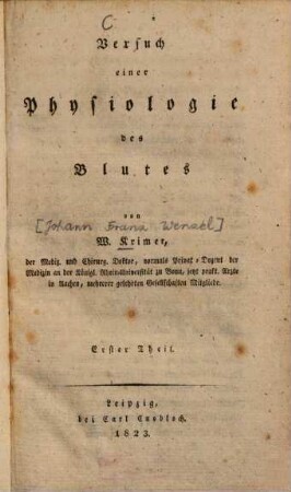Versuch einer Physiologie des Blutes, 1