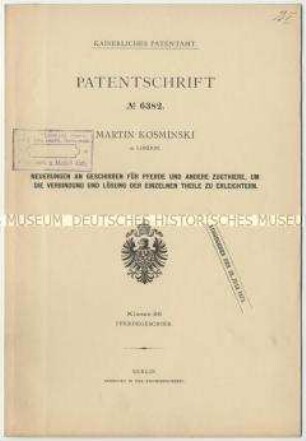 Patentschrift einer Neuerung an Geschirren für Pferde und andere Zugtiere, Patent-Nr. 6382
