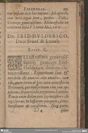 Dn. Frid. Hulderico, Duci Bruns. & Lunaeb. Epist. C.