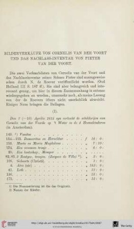 Bilderverkäufe von Cornelis van der Voort und das Nachlass-Inventar von Pieter van der Voort