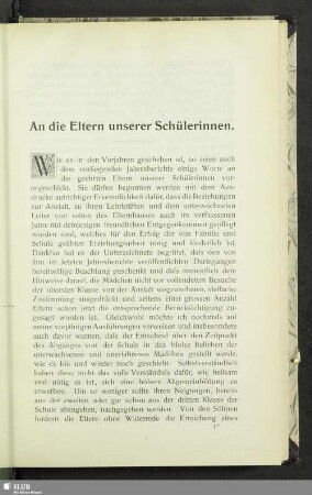 An die Eltern unserer Schülerinnen