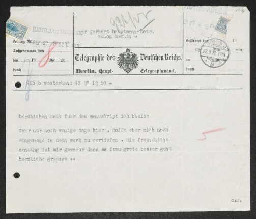 Brief von Otto Brahm an Gerhart Hauptmann