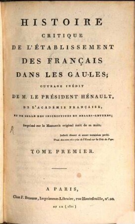 Histoire critique de l'établissement des Français dans les Gaules, 1