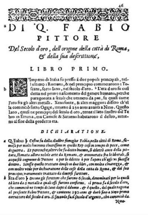Di Q. Fabio Pittore Del Secolo d'oro, dell origine della città di Roma, & della sua descrittione, Libro Primo.
