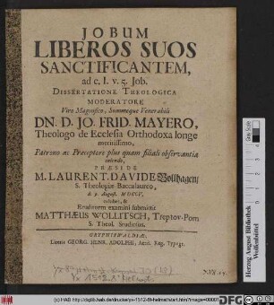 Jobum Liberos Suos Sanctificantem, ad c. I. v. 5. Job. Dissertatione Theologica