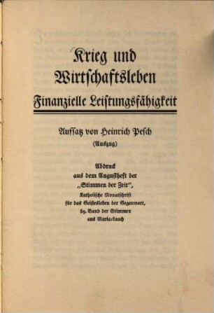 Krieg und Wirtschaftsleben : Finanzielle Leistungsfähigkeit ; Aufsatz